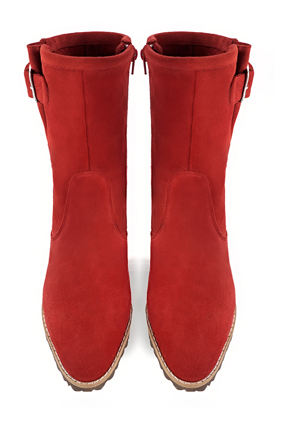 Scarlet red women's ankle boots with buckles on the sides. Round toe. Medium block heels. Top view - Florence KOOIJMAN